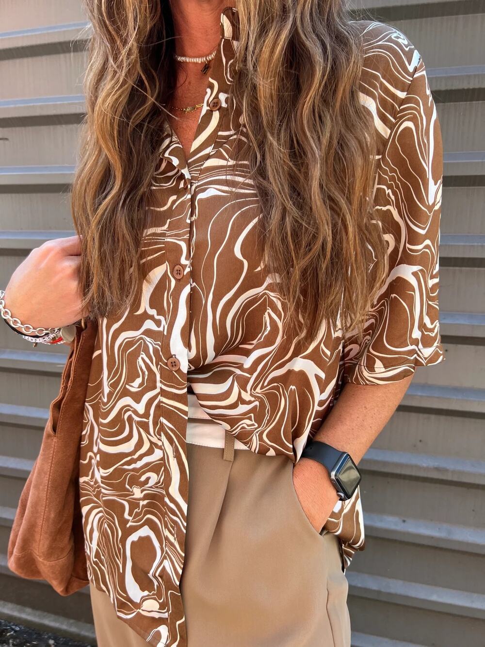 Princess Polly Marble Mae Button Up Satin Shirt Multicolor Brown/Tan Size 4